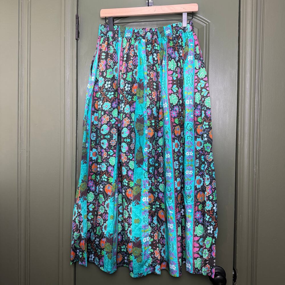 NWT Ro's Garden Jimena Midi Cotton Boho Floral Artsy Skirt Yeshi Aqua Teal XS - Picture 3 of 5